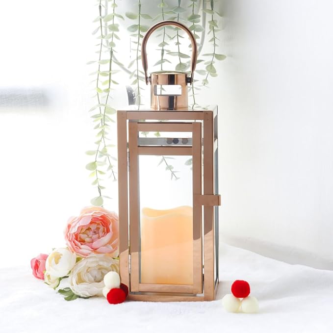 TRIROCKS Set of 2 Stainless Steel Decorative Lantern 12'' High Metal Candle Holder with Clear Glass Panels Perfect for Home Decor Living Room Parties Events Tabletop Indoors Outdoors (Rose Gold)