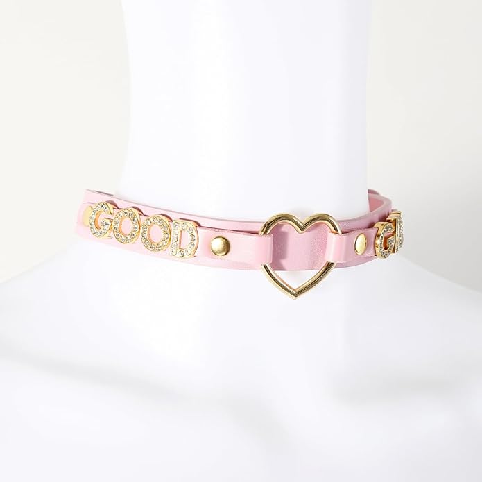 Succuba Handmade Heart Ring Rhinestone Letter Pu Leather Choker Collar Necklace for Women and Men
