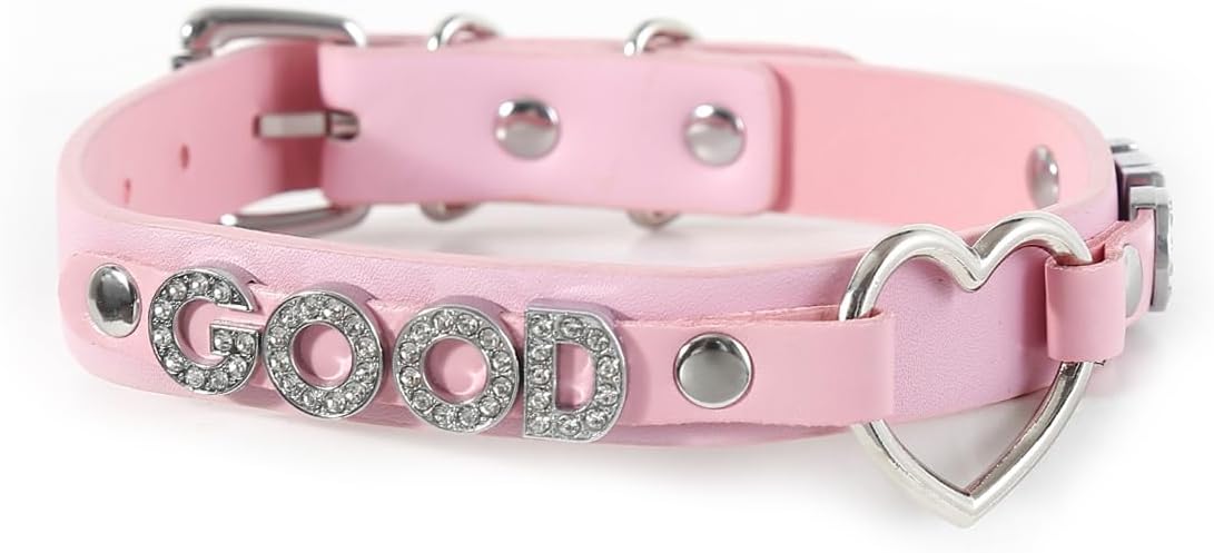 Succuba Handmade Heart Ring Rhinestone Letter Pu Leather Choker Collar Necklace for Women and Men