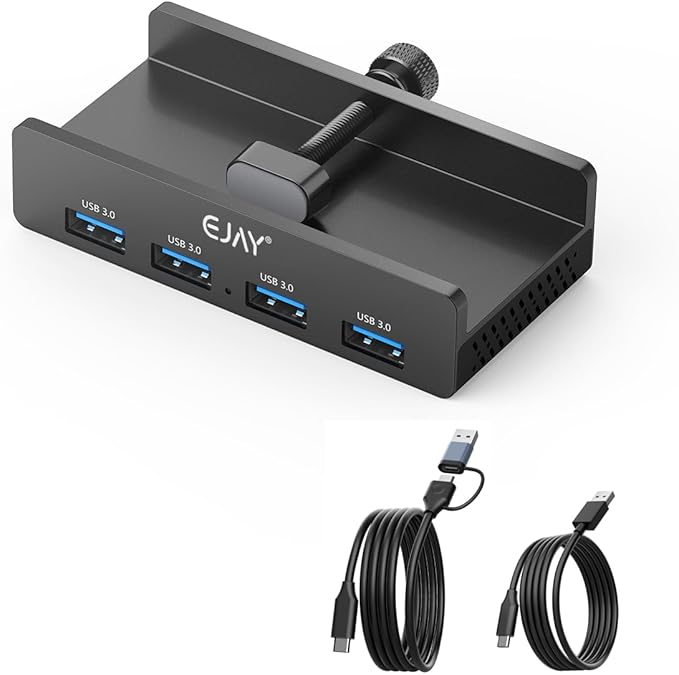 EJAY 4Ports USB3.0 Splitter Alu Clamp Desktop USB HUB for Desk/Monitors Clipping with Extra Power Supply Port and 2 Long Cables(59inches Data & 39inches Power Cables)