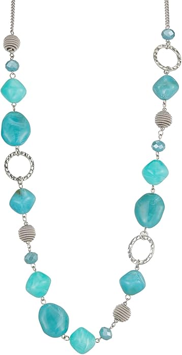 BULINLIN Beaded Long Necklace for Women Silver Sweater Chain Necklace with Crystal Resin Beads, Fashion Jewelry Necklace