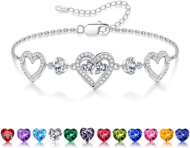 Iefil Valentines Day Gifts for Her - 925 Sterling Silver Heart Birthstone Bracelet Birthday Anniversary Jewelry Gifts for Her Wife