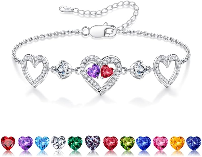 Iefil Valentines Day Gifts for Her - 925 Sterling Silver Heart Birthstone Bracelet Birthday Anniversary Jewelry Gifts for Her Wife