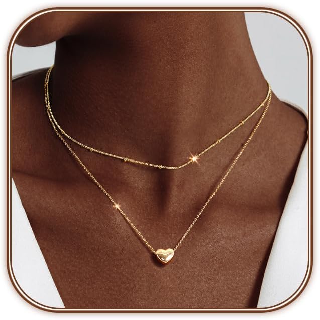 OGD Heart Necklace for Women, 14K Gold Plated Layered Tiny Puffy Heart Pendant Necklace Cute Chunky Heart Choker Necklace Simple Gold Necklace Jewelry for Women Trendy Gift