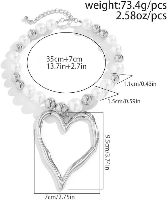 Y2k Large Heart Necklaces for Women Chunky Love Pearl Ball Beads Choker Necklaces Exaggerated Big Hollow Heart Pendant Necklace Statement Jewelry Gifts