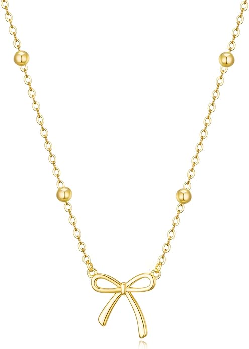 Valentines Day Gifts for Her - Dainty Bow Necklace for Women 14K Gold Plated Cute Choker Small Pendant Charm Necklaces Teen Gift Trendy Stuff Personalized Jewelry