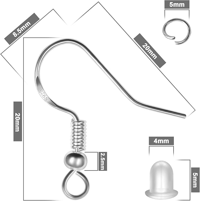 925 Sterling Silver Earring Hooks, 750PCS Earring Hooks Kit 250PCS/125Pairs Hypoallergenic Ear Wires with 250PCS Silver Open Jump Rings and 250PCS Rubber Backs Earwire for Jewelry Making