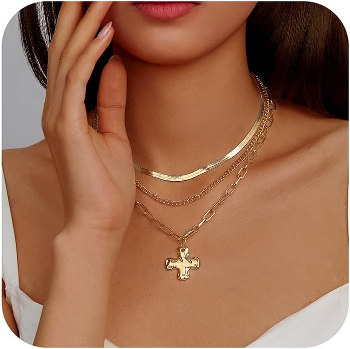 Evabelle Gold Layered Necklace for Women Trendy Jewelry 14K Real Gold Plated Chunky Chain Stackable Necklaces Dainty Choker Necklaces Rectangle Square Pendant
