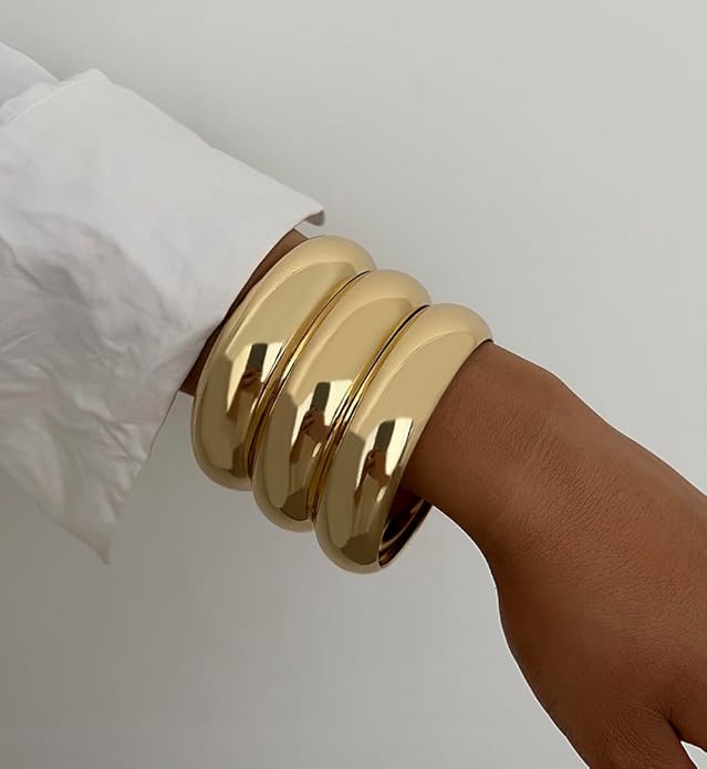 Chunky Gold Bangle Bracelets for Women, Dainty 14k Gold Plated Big Stackable Bangles Set, Trendy Cuff Bracelet Stack Fashion Jewelry Gifts