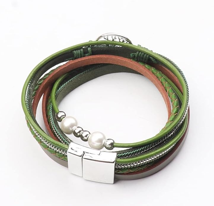 KSQS Tree of Life Leather Multi-Layer Wraps Bracelet,Boho Wide Buckle Wristband Bangle,Braided Cuff Bracelets for Women