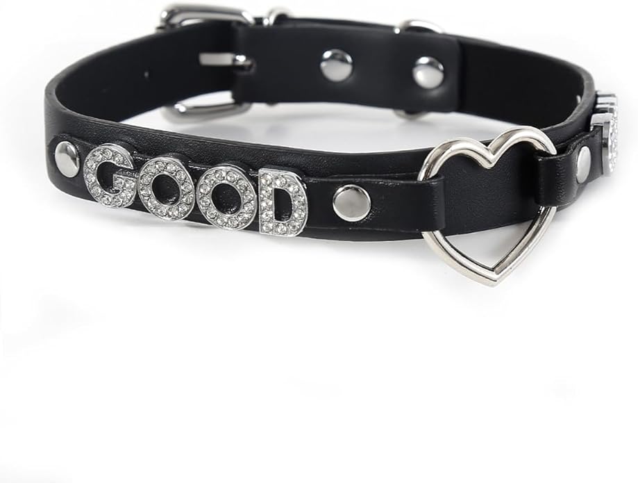 Succuba Handmade Heart Ring Rhinestone Letter Pu Leather Choker Collar Necklace for Women and Men
