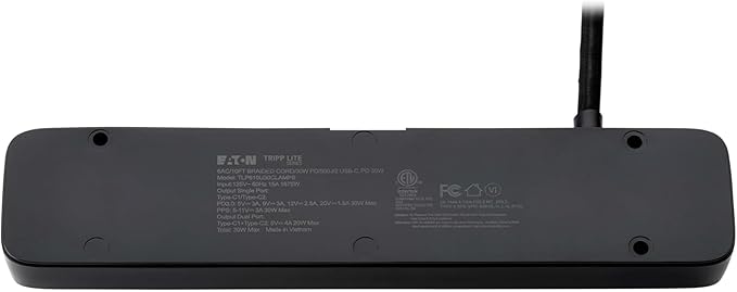 Eaton Tripp Lite series Desk Clamp Power Strip Surge Protector, 6-Outlets, 2x 30W USB-C Charging Ports, 900 Joules, 10ft Braided Flat Extension Cord, Lifetime Manufacturer's Warranty (TLP610U30CLAMPB)