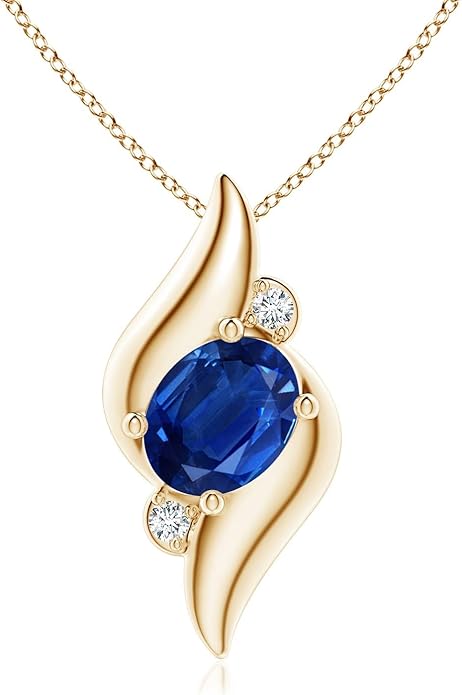 Angara Natural Blue Sapphire Pendant for Women | Shell Style Oval Sapphire and Diamond Pendant in 14K Solid Gold/Silver/Platinum With 18" Chain | September Birthday, Gemstone Jewelry Gift