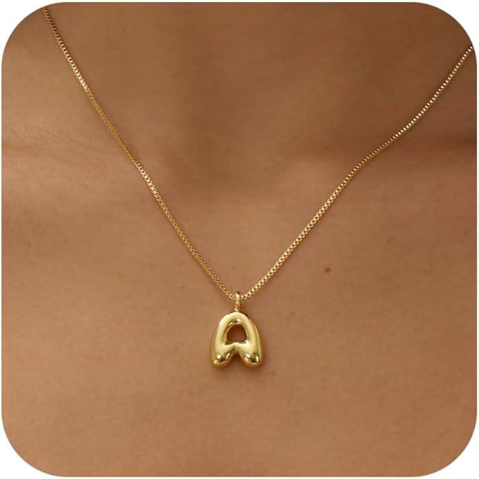 Bubble Gold Silver Letter Necklace Initial Necklaces for Women Trendy 14K Dainty Charm Pendant Name Necklace Personalized Jewelry Gift for Women Teen