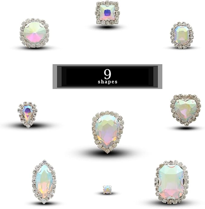 TANOSII Sew on Rhinestones 100 PCS Mixed Shapes Glass Rhinestones Sew on Crystal Gems Mental Flatback with Silver Claw for Jewelry Crafts Clothes Shoes Costume Garment AB White Type 1