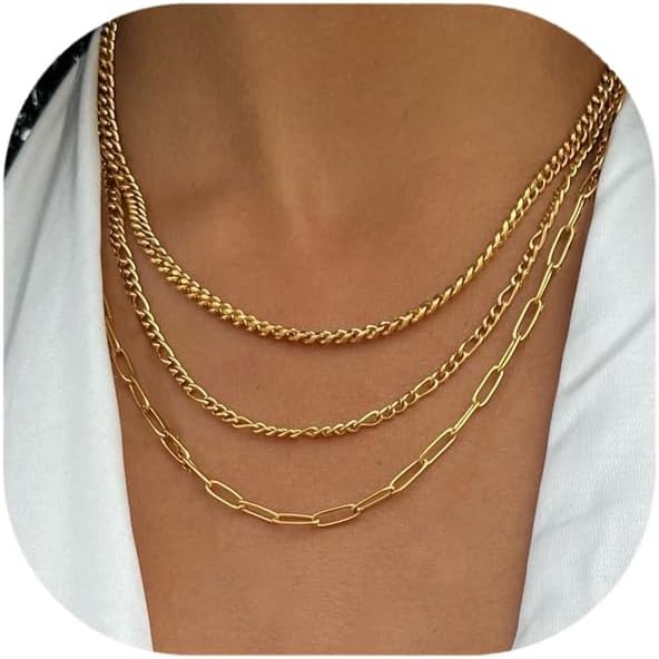 Gold Layered Necklaces for Women, 14K Gold Plated Dainty Gold Chain Choker Necklace Stack, Herringbone Gold Necklaces Set