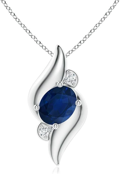 Angara Natural Blue Sapphire Pendant for Women | Shell Style Oval Sapphire and Diamond Pendant in 14K Solid Gold/Silver/Platinum With 18" Chain | September Birthday, Gemstone Jewelry Gift