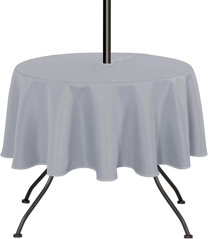 SARAFLORA Outdoor and Indoor Tablecloth -60 inch Round, Silver Wrinkle Free Washable Waterproof Table Cloth with Umbrella Hole and Zipper Round Table Cover for Spring/Summer/Patio/Picnic/BBQS/Party