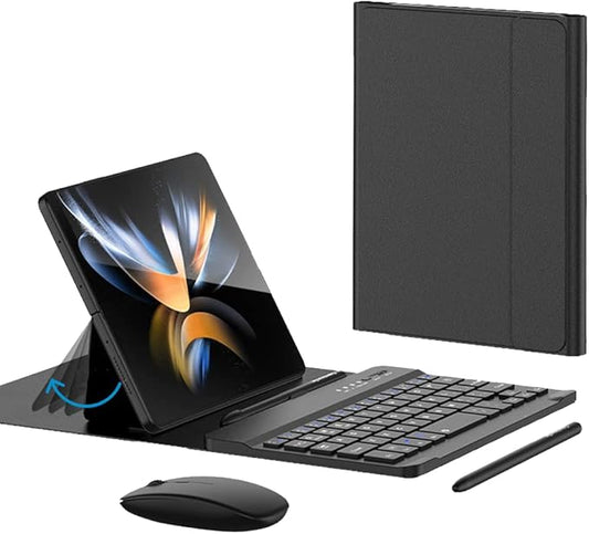 for Samsung Galaxy Z Fold 7 6 5 Keyboard and Mouse, Portable Mini 7.9 inch Bluetooth Keyboard with Leather Stand Case and Pen, 4 in 1 Travel Set for Z Fold7 6 Accessories,Black
