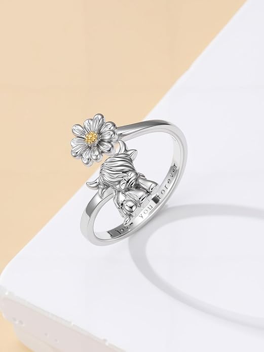 Animal Open Ring 925 Sterling Silver Koala/Panda/Highland Cow/Elephant Adjustable Ring Cute Animal Daisy Jewelry Gifts for Women
