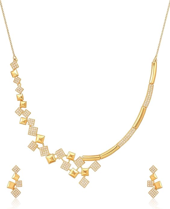Nilu's Collection American Diamond Stone Studded | Rose Gold/Silver Plated | Anti Tarnish Jewellery Set for Women | Matching Earrings Perfect for Weddings and Special Occasions