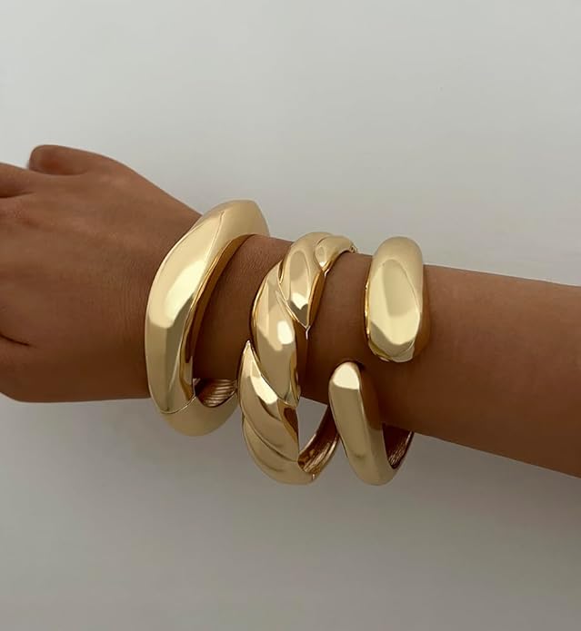 Chunky Gold Bangle Bracelets for Women, Dainty 14k Gold Plated Big Stackable Bangles Set, Trendy Statement Cuff Bracelet Stack Fashion Jewelry Christmas Gifts