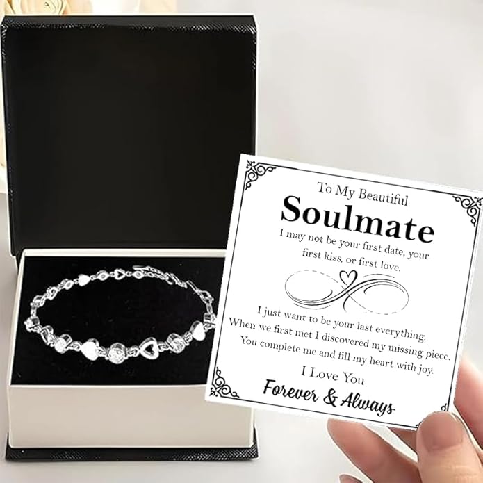To My Soulmate Bracelet for Women, Heart Chain Bracelet with Shiny Stones, Perfect Birthday or Anniversary Christmas Gift for Soulmate with Message Card and Gift Box