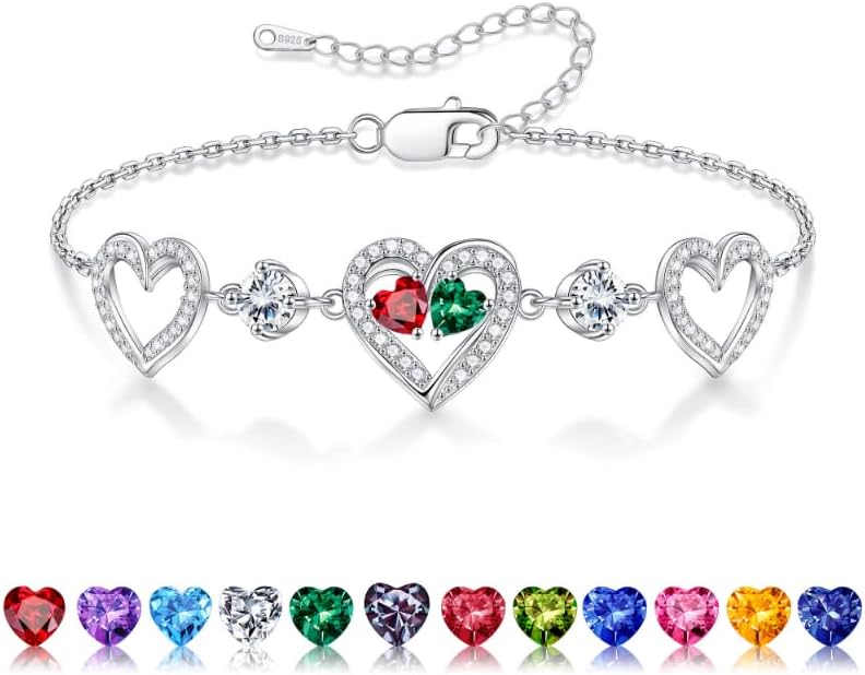 Iefil Valentines Day Gifts for Her - 925 Sterling Silver Heart Birthstone Bracelet Birthday Anniversary Jewelry Gifts for Her Wife