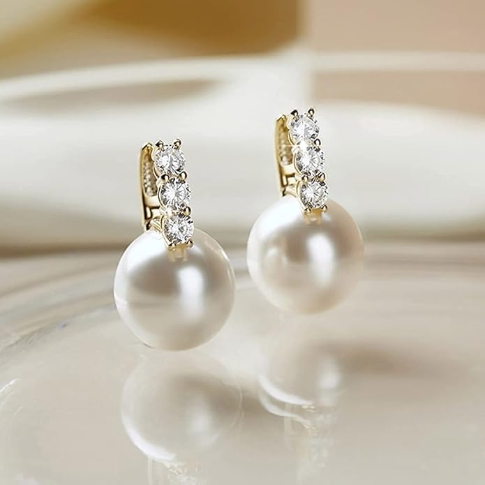 Pearl Earrings for Women 14K Gold Plated Hypoallergenic Pearl Earrings 5A Cubic Zirconia Dangle Earrings Elegant Jewelry