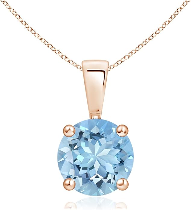 Angara Natural Aquamarine Solitaire Pendant for Women | Round Aquamarine Solitaire Pendant Necklace in 14K Solid Gold/Silver/Platinum With 18" Chain | March Birthday, Gemstone Jewelry Gift