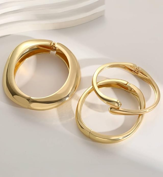 Chunky Gold Bangle Bracelets for Women, Dainty 14k Gold Plated Big Stackable Bangles Set, Trendy Statement Cuff Bracelet Stack Fashion Jewelry Christmas Gifts