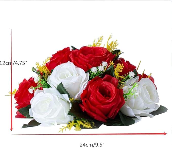 Artificial Roses Flowers, 2 Pcs Flower Ball Arrangement Bouquets 15 Heads Plastic Roses with Base, Perfect for Wedding Party Valentines Table Decoration, Home Décor, Wedding Centerpieces（Red White）