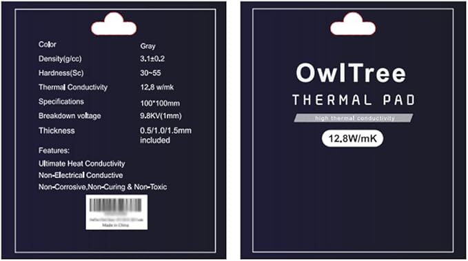 OwlTree 3 Pack Thermal Pads, 100x100mm, 0.5mm, 1mm, 1.5mm, Highly Efficient Thermal Conductivity 12.8W/mK, Heat Resistant Silicone Grease for Laptop Heatsink, CPU, GPU, SSD, IC, LED Cooler