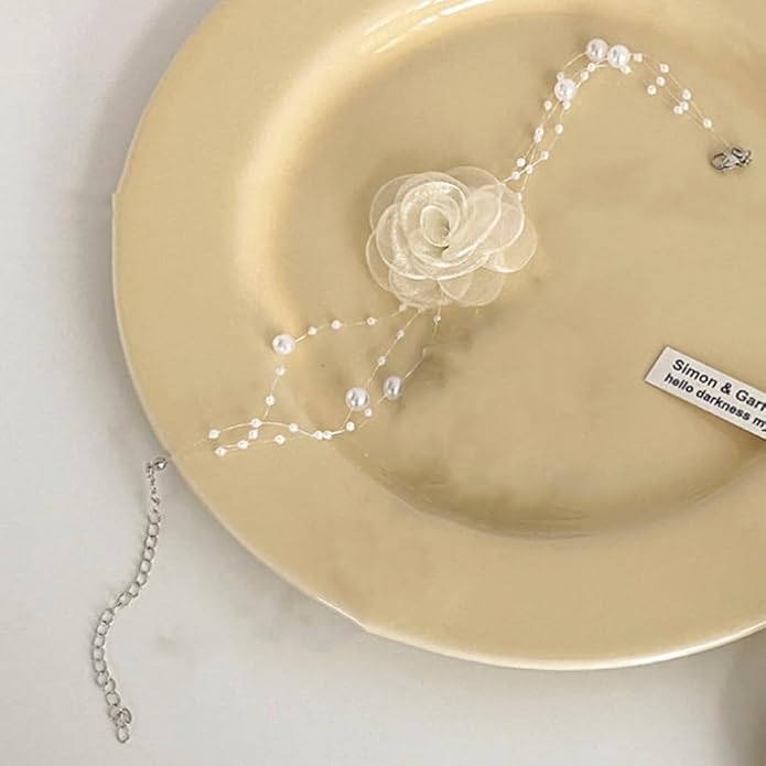 Boho Flower Pearl Choker Necklace for Floral Choker,Women Dainty Pearl Beaded Chain Collar Necklace Flower Necklace for Women Trendy Jewelry