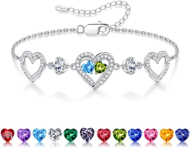 Iefil Valentines Day Gifts for Her - 925 Sterling Silver Heart Birthstone Bracelet Birthday Anniversary Jewelry Gifts for Her Wife
