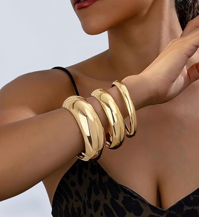 Chunky Gold Bangle Bracelets for Women, Dainty 14k Gold Plated Big Stackable Bangles Set, Trendy Cuff Bracelet Stack Fashion Jewelry Gifts