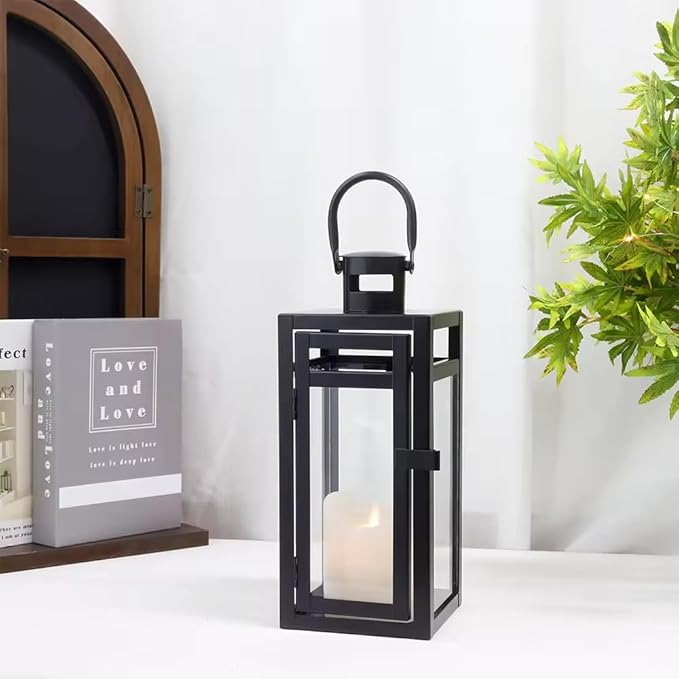 TRIROCKS Set of 2 Metal Candle Lantern 12'' High Decorative Outdoor Lantern Hanging Lantern with Tempered Glass for Christmas Home Living Room Parties Events Tabletop Indoors Outdoors(Black Matte)