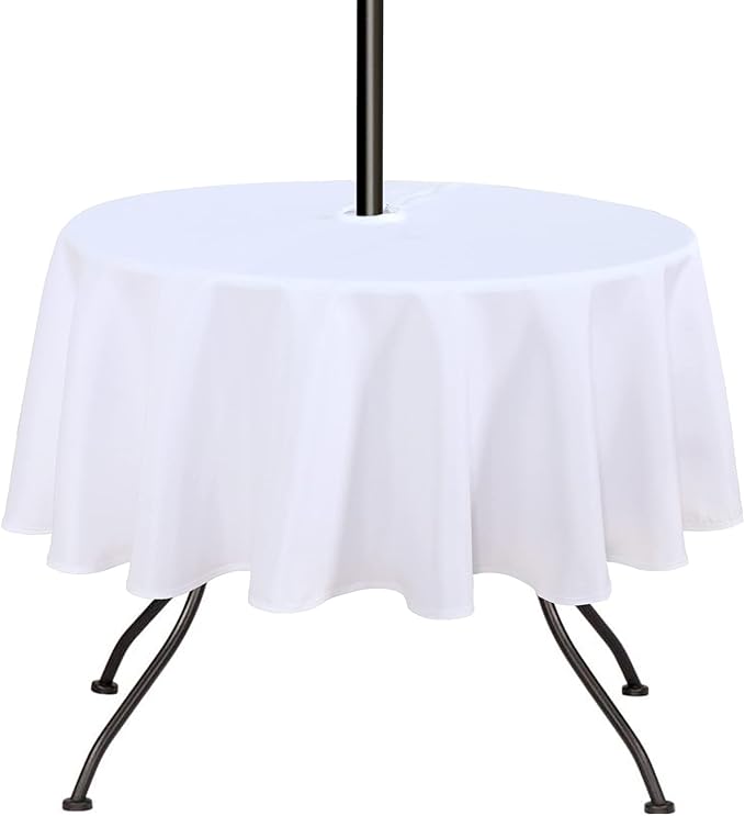 SARAFLORA Outdoor and Indoor Tablecloth -60 inch Round, White Wrinkle Free Washable Waterproof Table Cloth with Umbrella Hole and Zipper Round Table Cover for Spring/Summer/Patio/Picnic/BBQS/Party