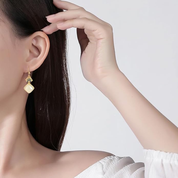 14K Gold over 925 Sliver Natural Jade Enamel Gradient Earrings, Round Lotus Design Drop Earrings, Elegant Jade Jewelry Gift for Mother's Serenity