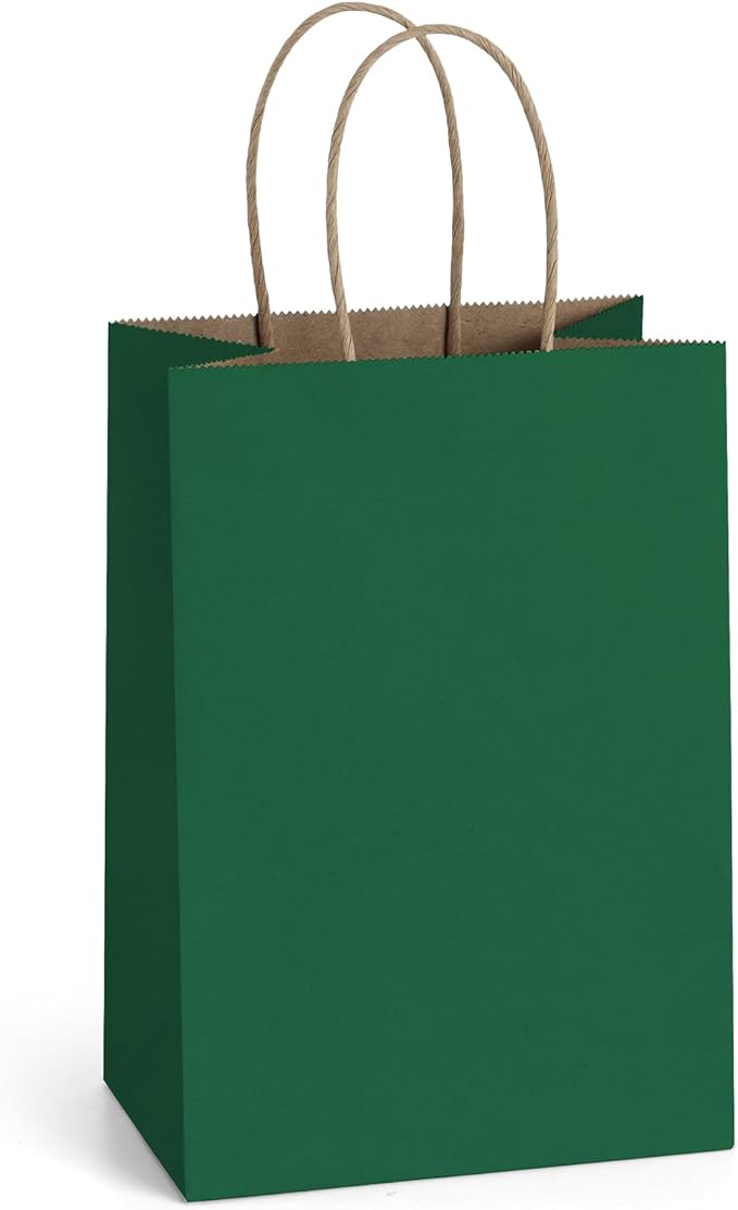 BagDream Forest Green Gift Bags with Handles Bulk 5.25x3x8 Inch 100Pcs Small Kraft Paper Bags for Christmas, Thanksgiving, Craft, Party Favors, Retail, Grocery, Recyclable