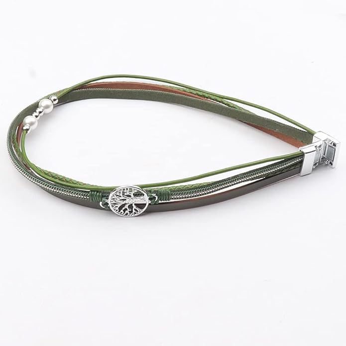KSQS Tree of Life Leather Multi-Layer Wraps Bracelet,Boho Wide Buckle Wristband Bangle,Braided Cuff Bracelets for Women