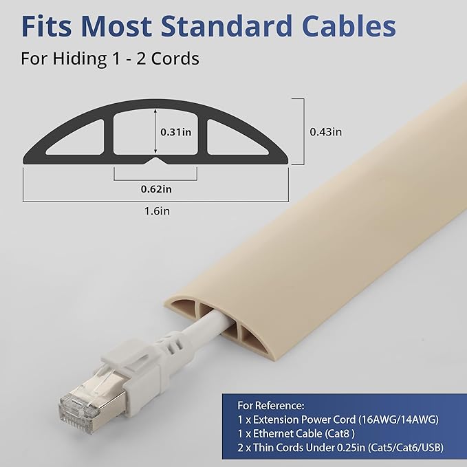 ZhiYo 5.6ft Cord Covers for Wires on Floor, Cord Hider Floor Hide Extension Cords, Soft PVC Cable Cover Cable Protector, Wire Cavity W0.62in H0.31in, Beige