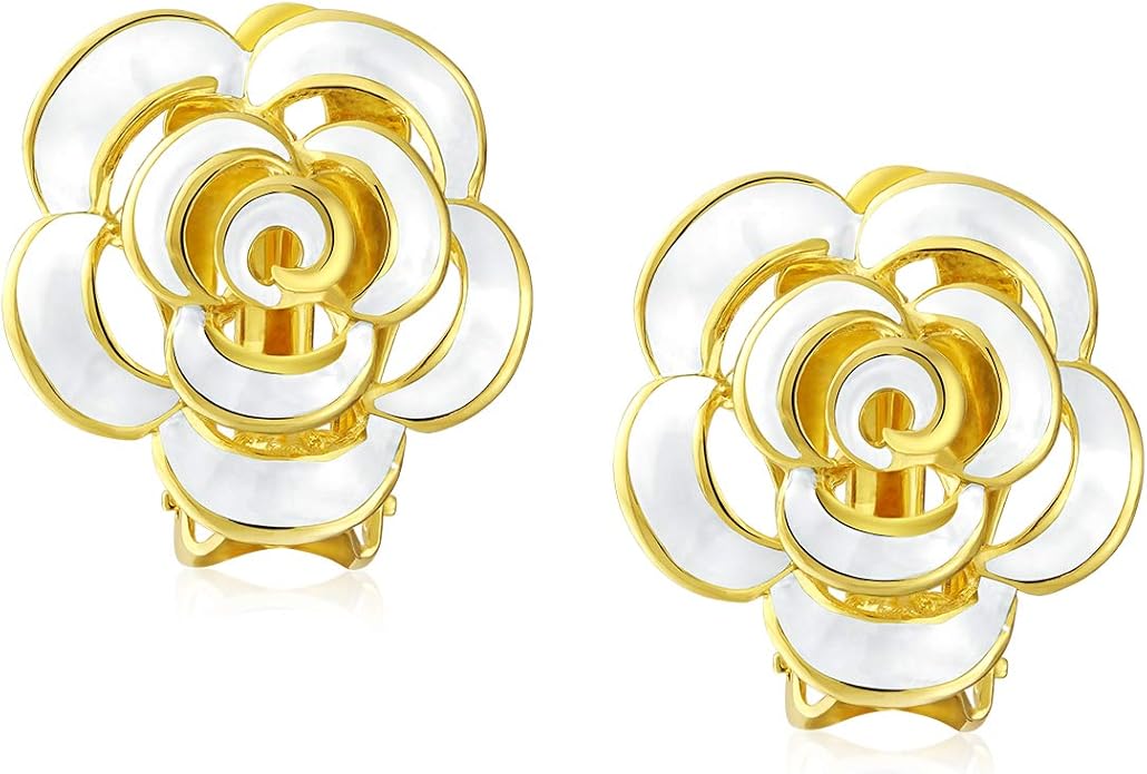 Pink Red Enamel Flower Crystal Edge Spring Retro Floral Rose Clip On Earrings For Women Non Pierced Ears 14K Gold Plated