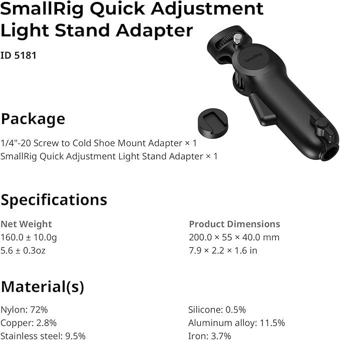 SmallRig Quick Adjustment Light Stand Adapter, One-Button 180° Pitch Adjustment, 3kg Load Capacity, for COB Video Light/Camera/Phone Clips, for On-Camera Flash, 5181
