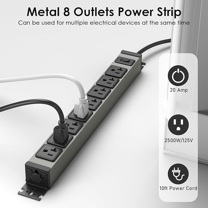 JUNNUJ Heavy Duty Power Strip Wall Mount, 20 Amp Surge Protector 1200J Metal 8 Outlet Under Desk Mounted 20A, Garage Power Bar Table Socket Industrial Outlets 6-20R T-Slot, 10FT 12AWG Extension Cord