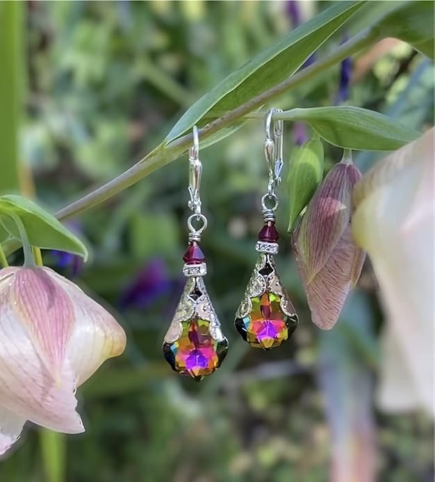 Antique Inspired Vintage Victorian Dangle Drop Earrings for Women - Colored Austrian Crystal Leverback Earrings - Jewelry Gift for Her