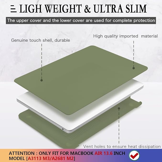 CISSOOK Compatible with MacBook Air 13.6 inch Case M4 A3240 M3 A3113 M2 A2681, Hard Shell Case with Keyboard Cover USB Adapter for MacBook Air 13.6 inch 2022-2025, Avocado Green