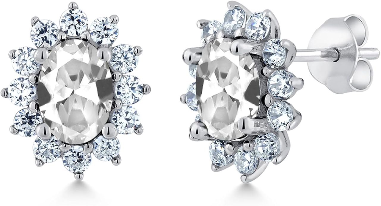 Gem Stone King 7X5MM Oval Gemstone Birthstone Stud Earrings For Women | Princess Diana Royal Halo Style | 925 Sterling Silver | Fine Jewelry Gifts for Anniversary Wedding Her Mom Women Wife