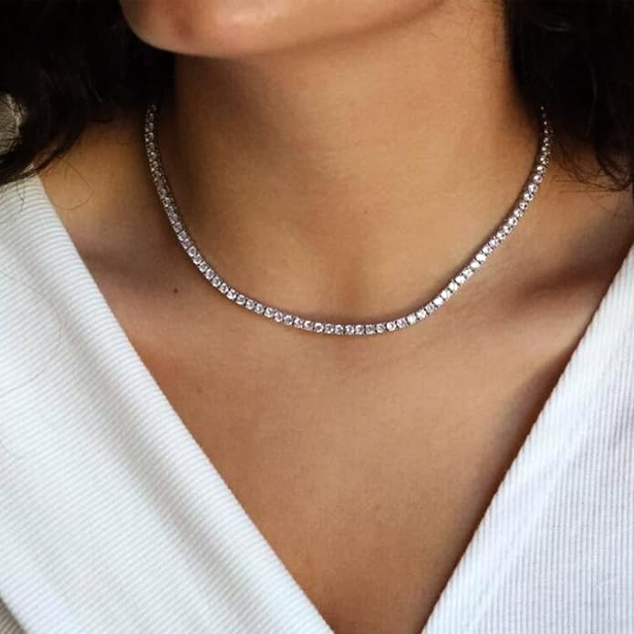 Tennis Necklace Bracelet for Women, Dainty Sterling Sliver Choker Necklace Crystal Link Bracelet Stud Earrings for Women Wedding Jewelry for Bride Jewelry Set Accessories
