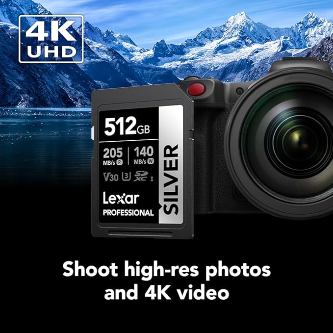 Lexar 512GB Professional Silver SD Card, UHS-I, C10, U3, V30, 4K, Up to 205/140 MB/s SDXC Memory Card, for Professional Photographer, Videographer, Enthusiast (LSDSILV512G-BNNNU)